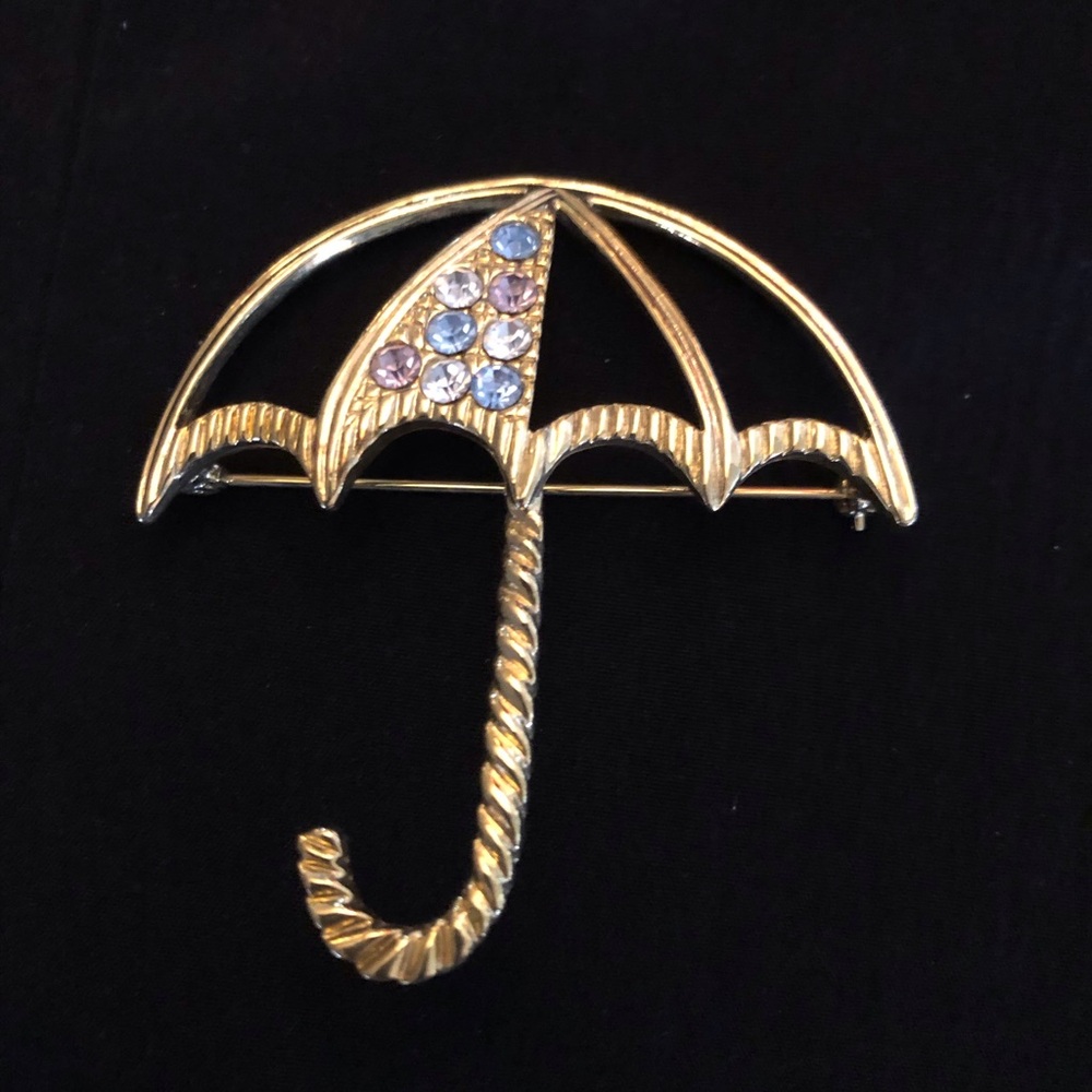 Gold Umbrella Brooch with Gem Accents